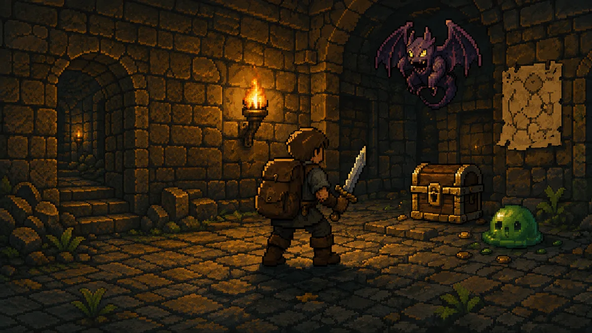 A lone adventurer studying a torch-lit dungeon with a treasure chest, map, bat, and slime